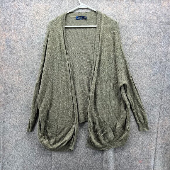 Polo Ralph Lauren Sweater Women Medium Green Cardigan Tan Beige Linen Viscose - Picture 1 of 10